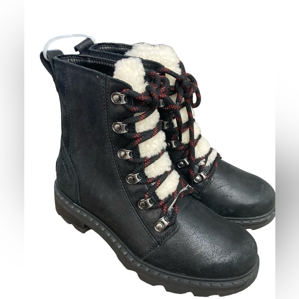 Sorel Lennox Shearling Lace Waterproof Leather Winter Boots Size 6 Black/Red